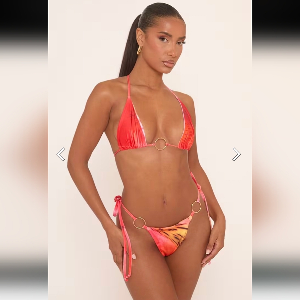 #97 NWT EGO Ring Detail Triangle Bikini Set In Pink Abstract Print, SIZE 10